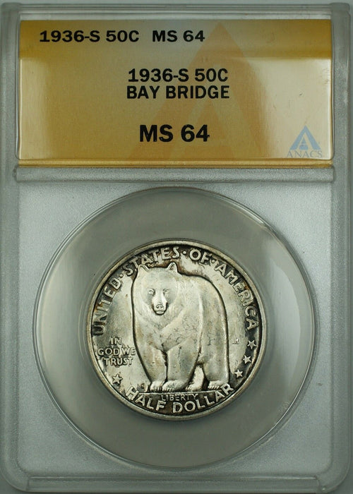 1936-S Bay Bridge Commemorative Silver Half Dollar 50c Coin ANACS MS-64 Toned AA
