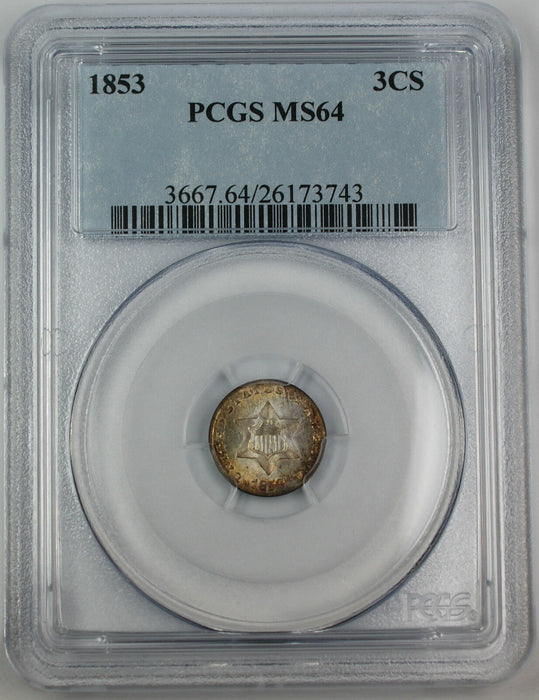 1853 3 Cent Silver, PCGS MS-64 *Great Toning* 3c Coin DGH