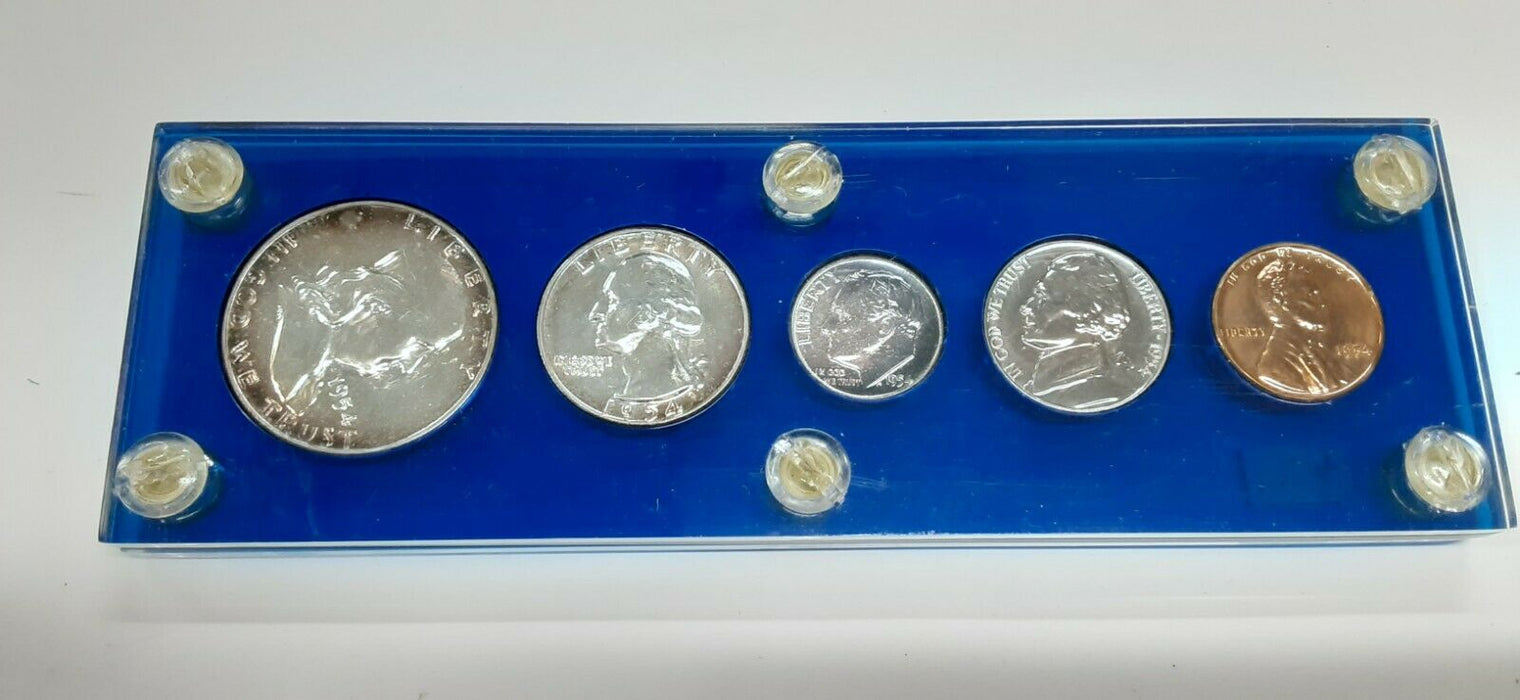 1954 United States Mint 5 Coin Proof Set in Blue Acrylic Holder 90% Silver (E)
