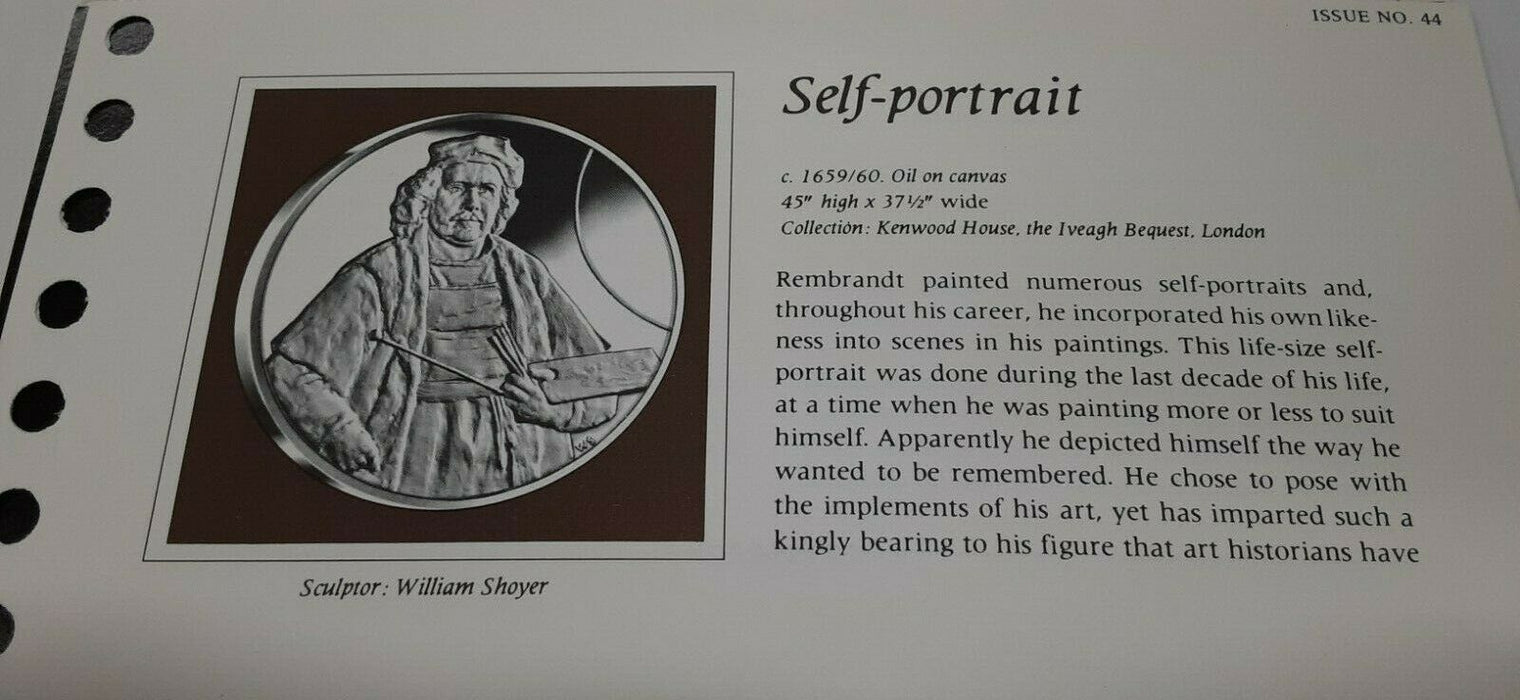 Franklin Mint Genius/Rembrandt PR .925 Silver Medal-Self Portrait in Card