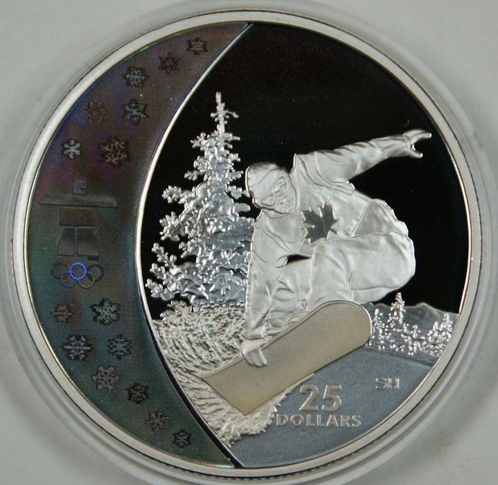 2008 Canada $25 Silver Coin-2010 Vancouver-Holographic-Snowboarding- w/Box & COA