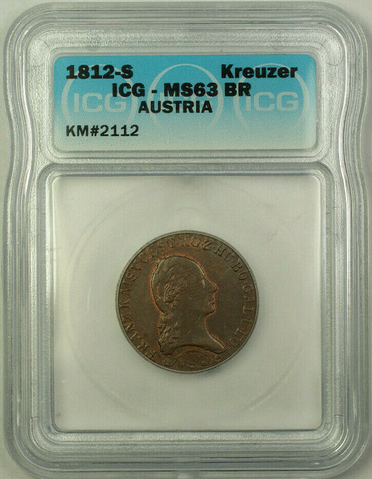 1812-S Austria Franz I Copper Kreuzer ICG MS-63 BR KM#2112