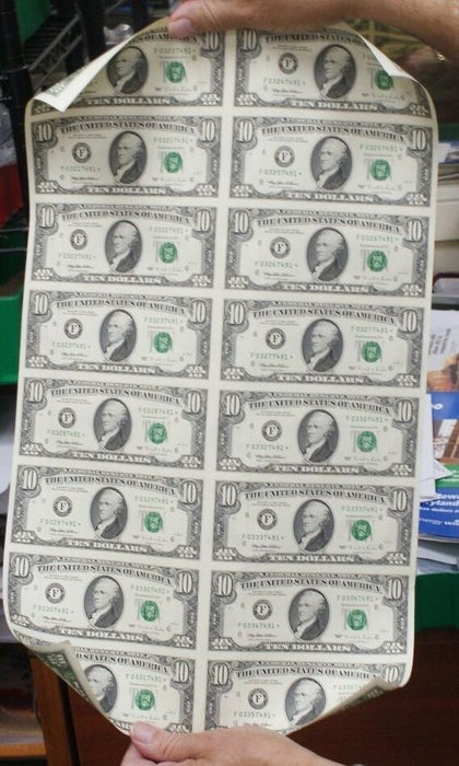1995 16 Subject Uncut $10 FRN Sheet *F-Star* fw Federal Reserve Notes