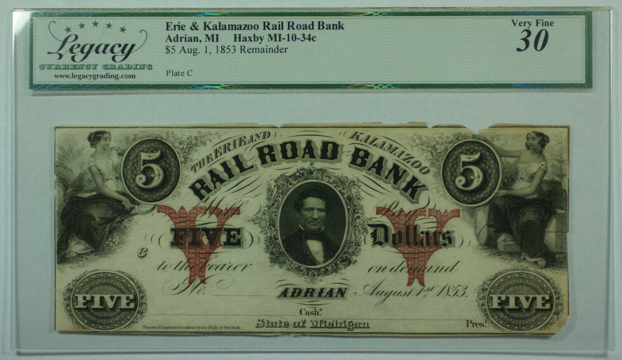 1853 $5 Erie & Kalamazoo Rail Road Bank Adrian MI Haxby MI-10-34c Legacy VF-30