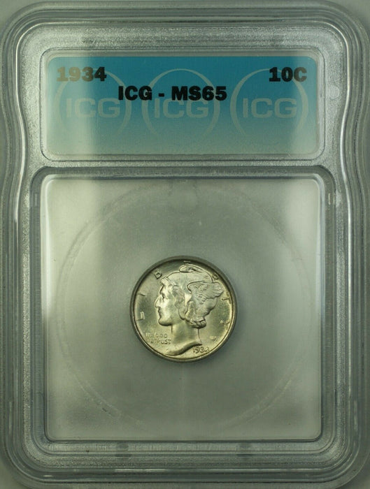1934 Silver Mercury Dime 10c Coin ICG MS-65 (Full Bands FB) GEM BU