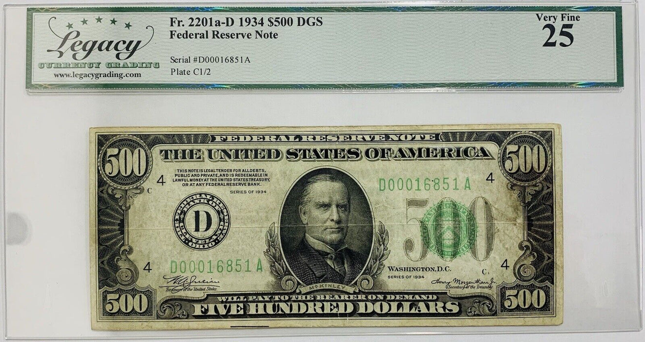1934 $500 Federal Reserve Note FR 2201 a-D Legacy VF 25 A