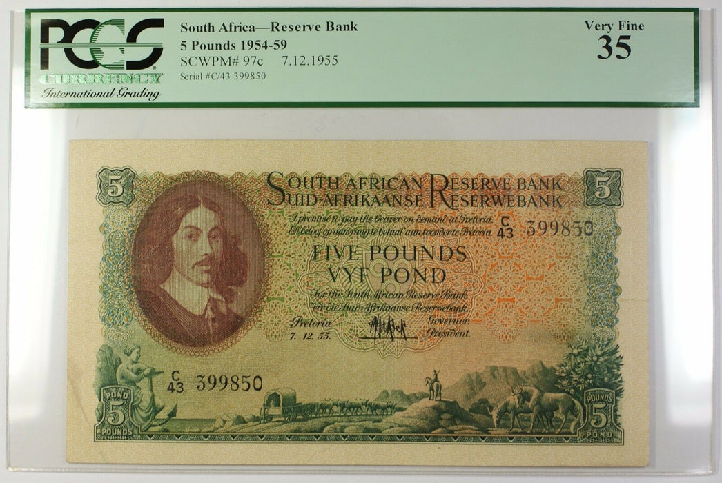 1954-59 7.12.1955 South Africa 5 Pounds Bank Note SCWPM# 97c PCGS VF-35 (D)
