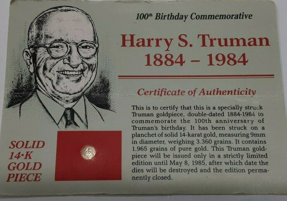 Harry S. Truman 14K Gold 100th Birthday Commemorative on Card w/COA