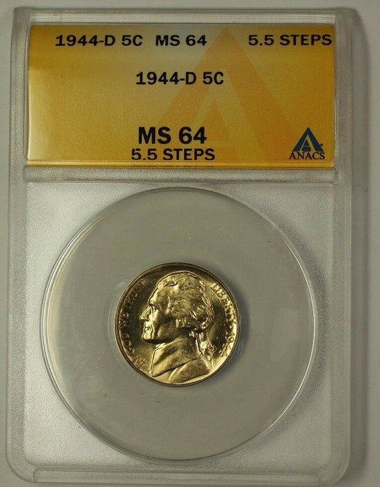 1944-D Wartime Silver Jefferson Nickel 5c Coin ANACS MS-64 5.5 Steps U