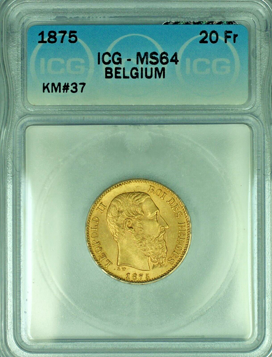 1875 Belgium 20 Francs Gold Coin ICG MS 64