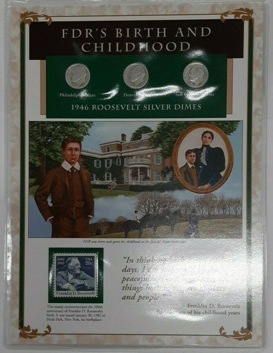 Life & Times of FDR 1946 - 3 Roosevelt Dimes W/Stamp & Info Card Birth/Childhood