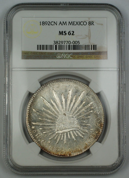 1892-CN AM Mexico Silver Eight Reales 8R Coin NGC MS-62 (Proof-Like PL)