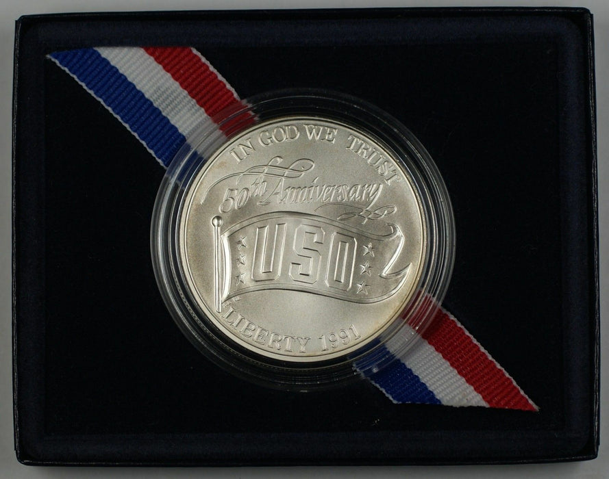 1991 USO Commemorative Uncirculated UNC Silver Dollar Coin In Box w/ COA