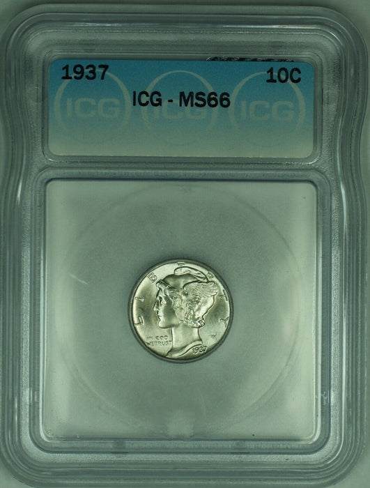 1937 Mercury Silver Dime 10c Coin ICG MS-66 (Looks Full Split Bands) (53G)