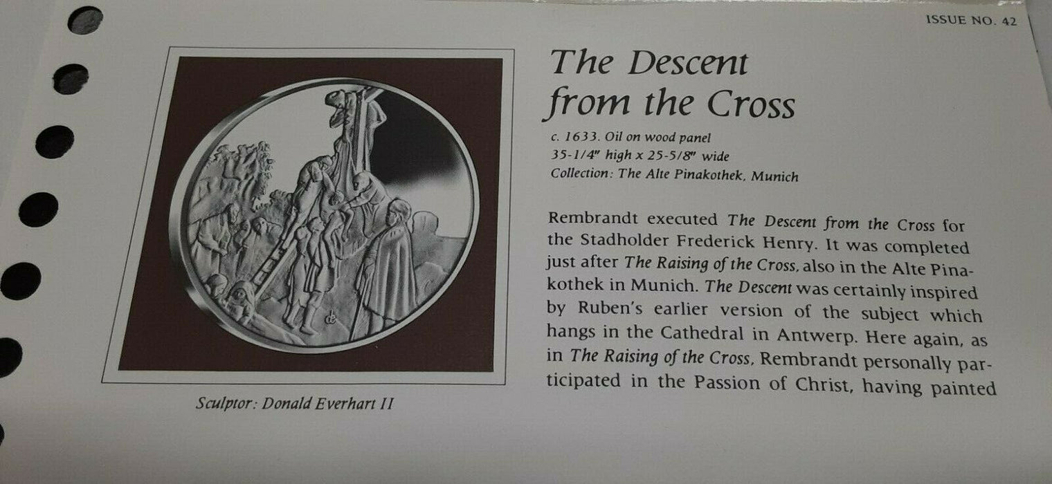 Franklin Mint Genius/Rembrandt PR .925 Silver Medal-Descent From Cross in Card