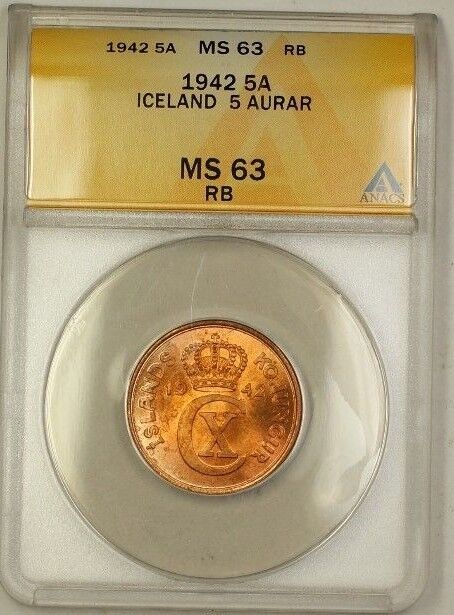 1942 Iceland 5A Five Aurar Copper Coin ANACS MS-63 Red-Brown