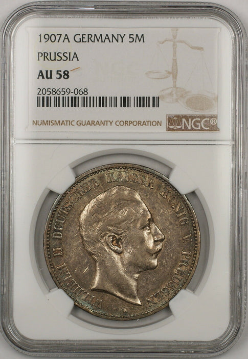 1907A Germany Prussia 5M Marks Silver Coin NGC AU-58