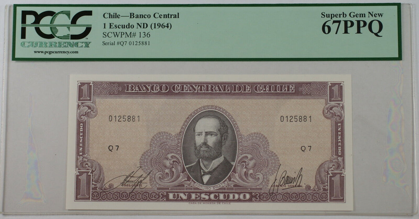 (1964) Chile Banco Central 1 Escudo Note SCWPM# 136 PCGS 67 PPQ Superb Gem New