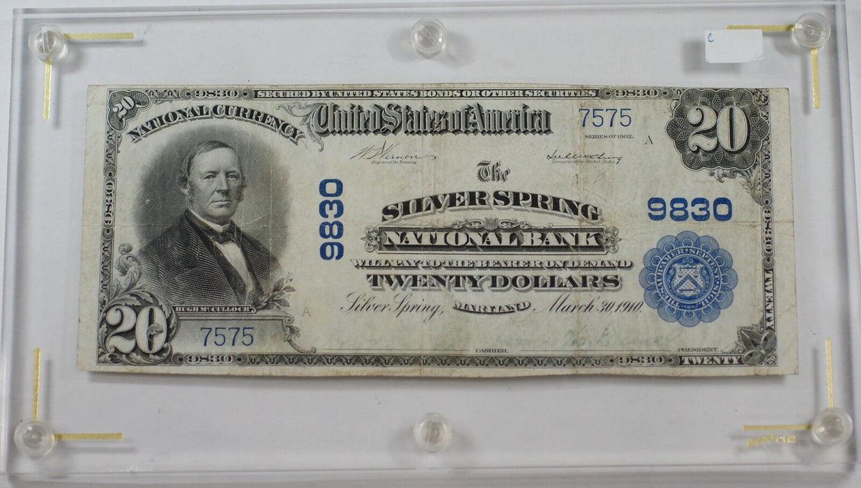 1902 $20 US National Currency Banknote Silver Spring, MD Charter # 9830 *2 Known