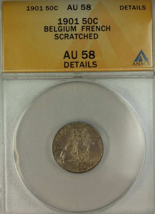 1901 Belgium 50C Cents Coin Leopold II French ANACS AU-58 Details Scratched