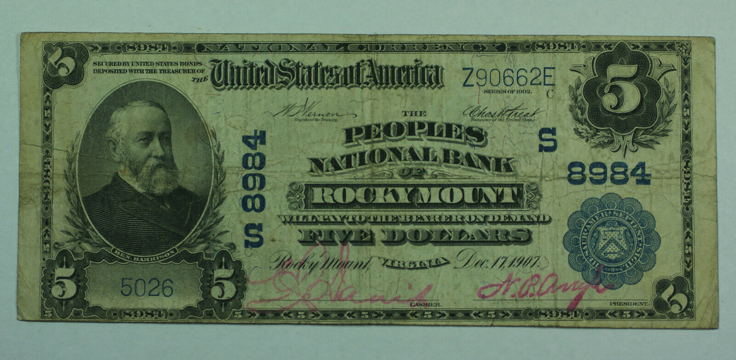 1902 $5 Five Dollar US National Currency Note Rocky Mount Virginia VA 8984