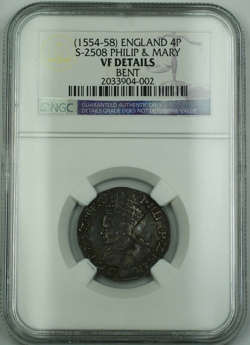 (1554-58) England Silver Groat 4P Coin S-2508 Philip & Mary NGC VF Det. Bent AKR