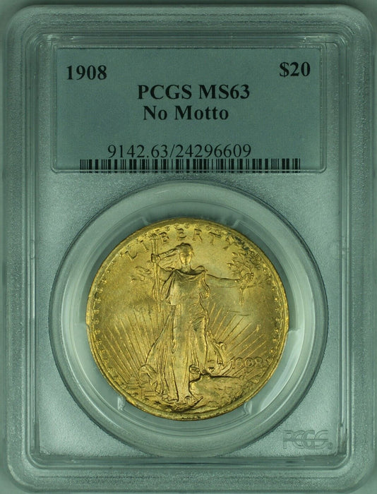 1908 No Motto St. Gaudens $20 Double Eagle Gold Coin PCGS MS-63