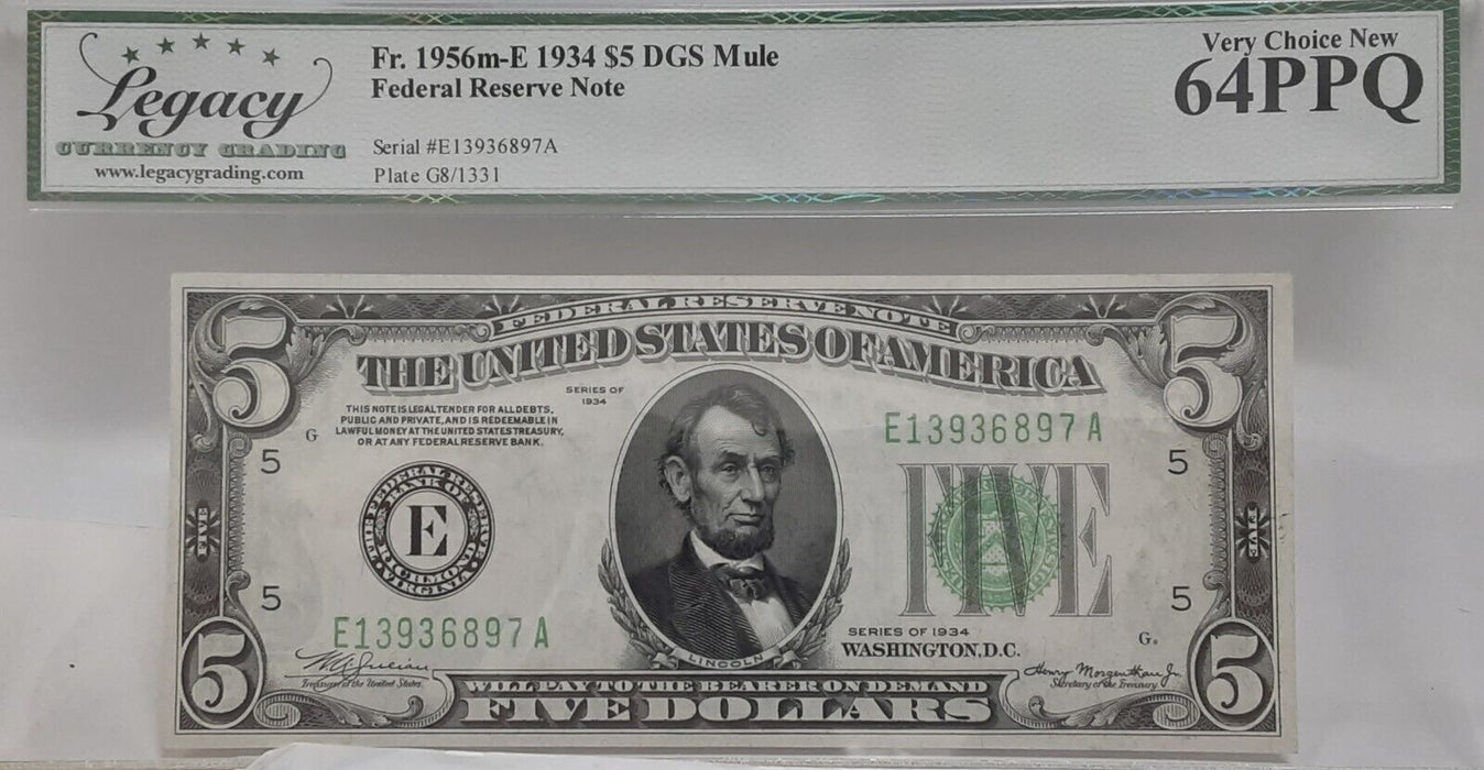 1934 $5 FRN 'Mule' Note Richmond Dist. Fr. 1956m-E  Legacy Very Ch New 64PPQ  B