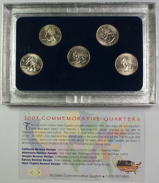 2005 Commemorative Quarters Set 5 Coins Total in Case W/ COA Philadelphia Mint