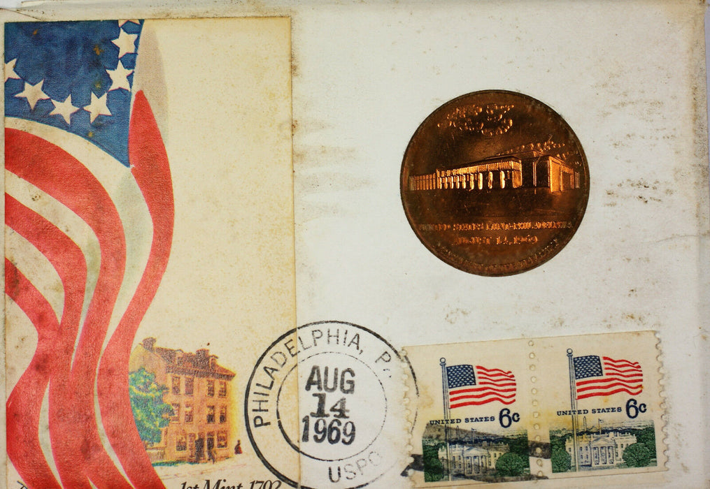 1969 Philadelphia Mint Brass Medal First Day Commemorative Cover with Stamps