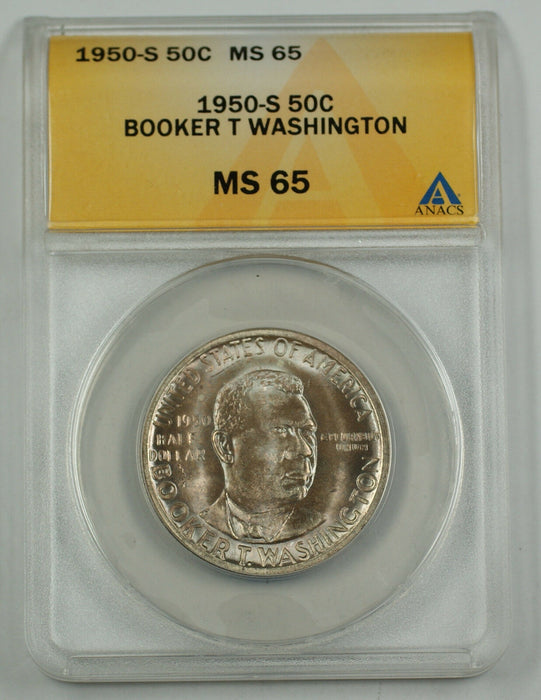 1950-S B T Washington Silver Half Commemorative Coin ANACS MS-65 Lightly Toned