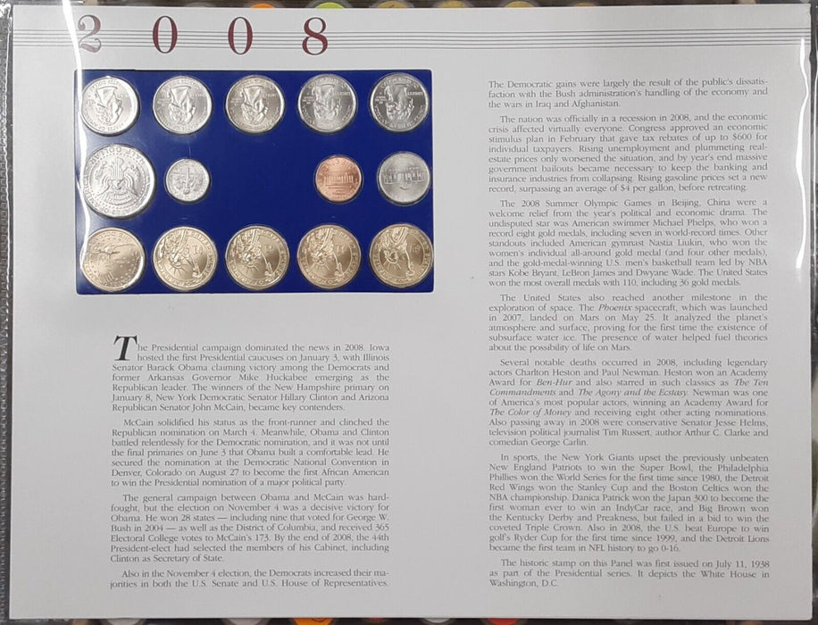 Postal Commem Society 2008 P Mint Set BU Coins with Informational Card & Stamp