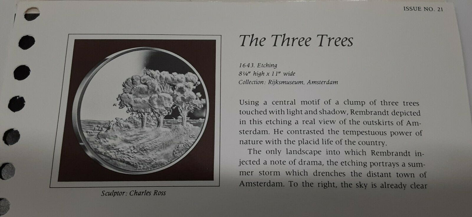 Franklin Mint Genius/Rembrandt PR .925 Silver Medal-The Three Trees in Card