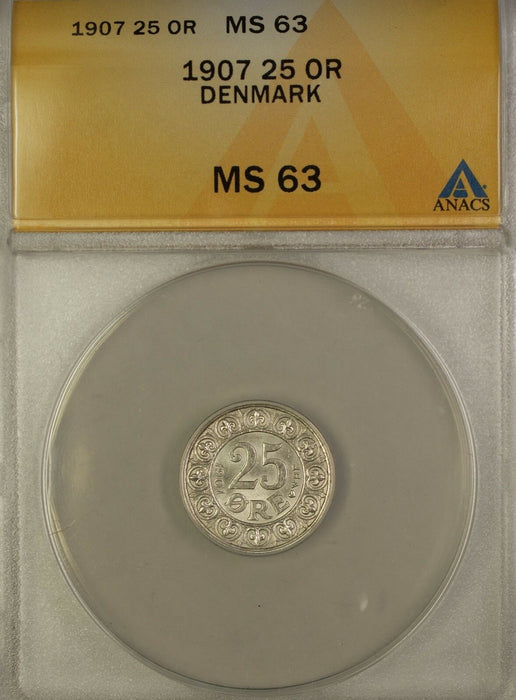 1907 Denmark 25 Ore Silver Coin ANACS MS-63