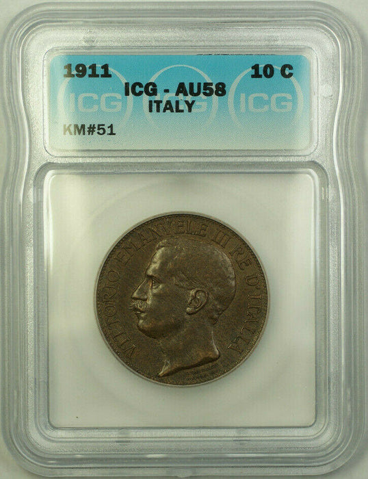 1911 Italy Copper 10 Centesimi ICG AU-58 KM#51