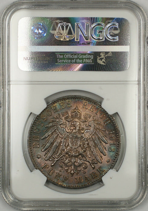 1913F Germany Wurttemberg 5M Marks Silver Coin NGC AU-58 Toned