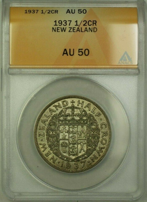 1937 New Zealand 1/2 Crown Coin ANACS AU 50