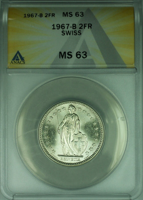 1967-B Switzerland Swiss 2 Franc Silver Coin ANACS MS-63