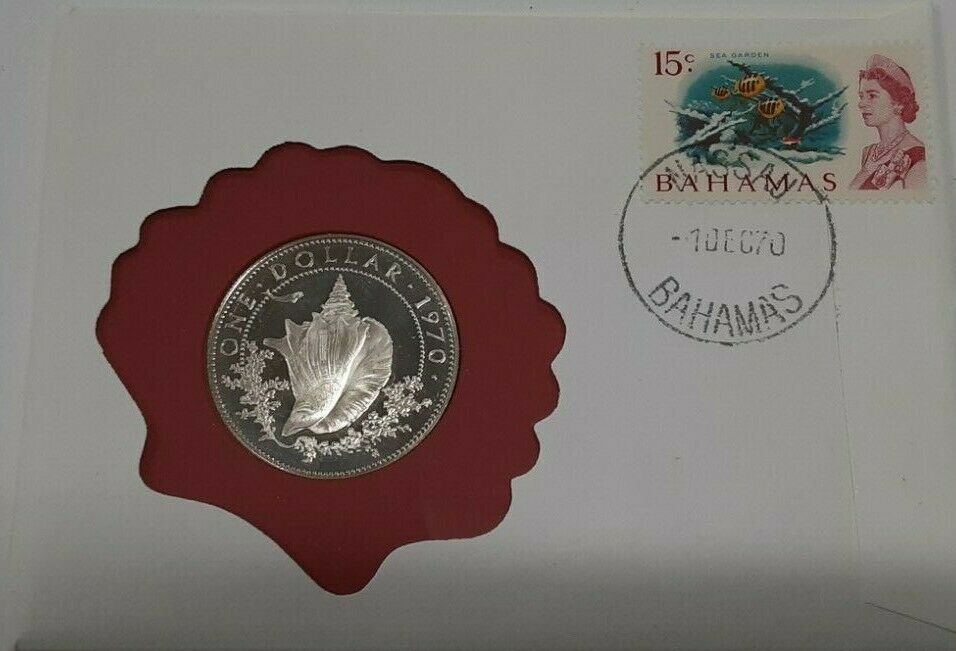 1970 BU Bahamas $1 80% Silver Coin W/Stamp in First Day Cover