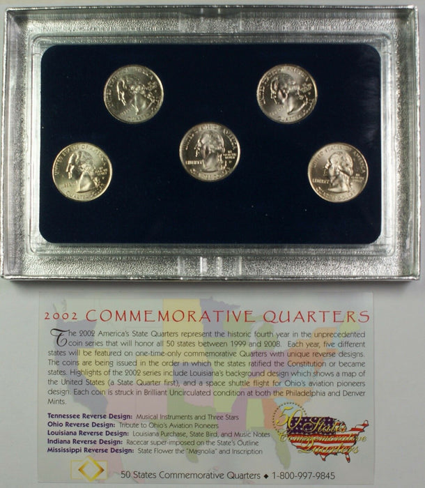 2002 Commemorative Quarters Set 5 Coins Total in Case W/ COA Philadelphia Mint
