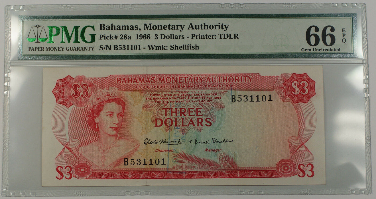 1968 Bahamas Monetary Authority 3 Dollars Note Pick# 28a PMG 66 Gem UNC EPQ