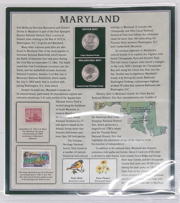 2013 Maryland Ft. McHenry National Monument Quarter P&D w/2 Stamps Display Card