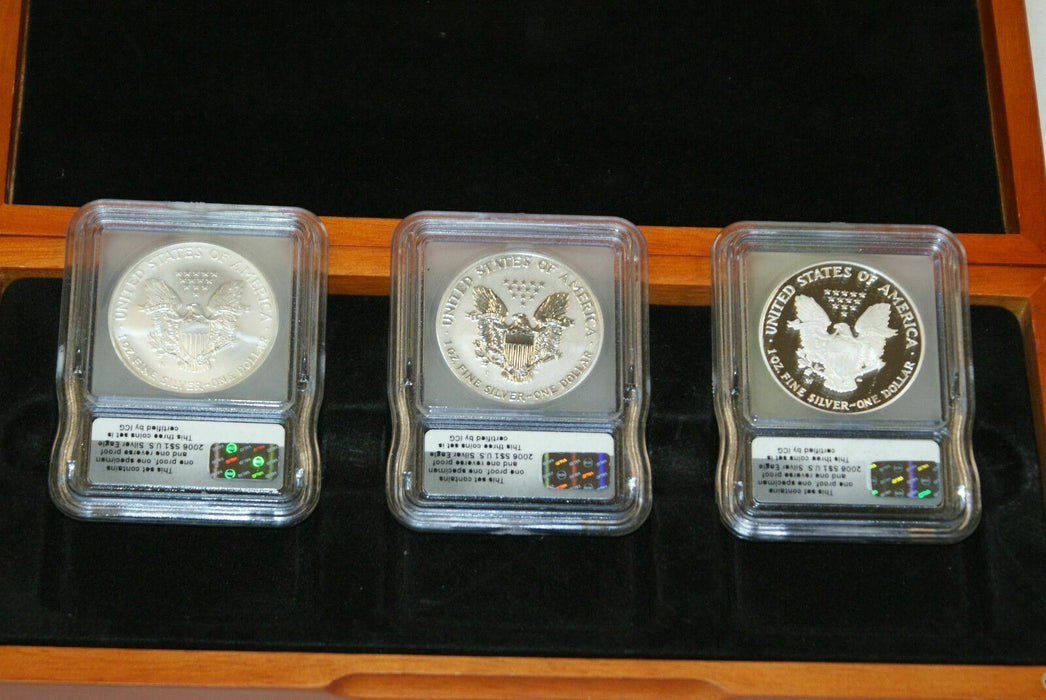 2006 Silver Eagle 3 Coin Set ICG 69 BU / Proof / Reverse Proof 20th Anniversary