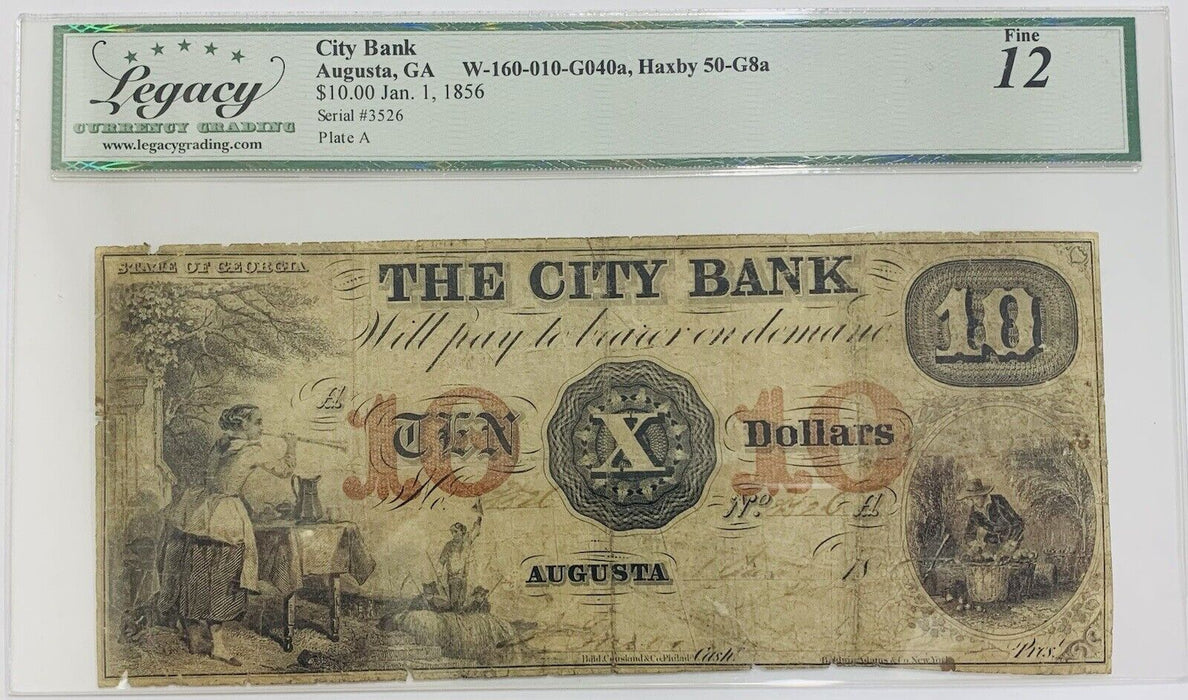 City Bank Augusta, GA $10 Jan. 1, 1856 Legacy Fine 12