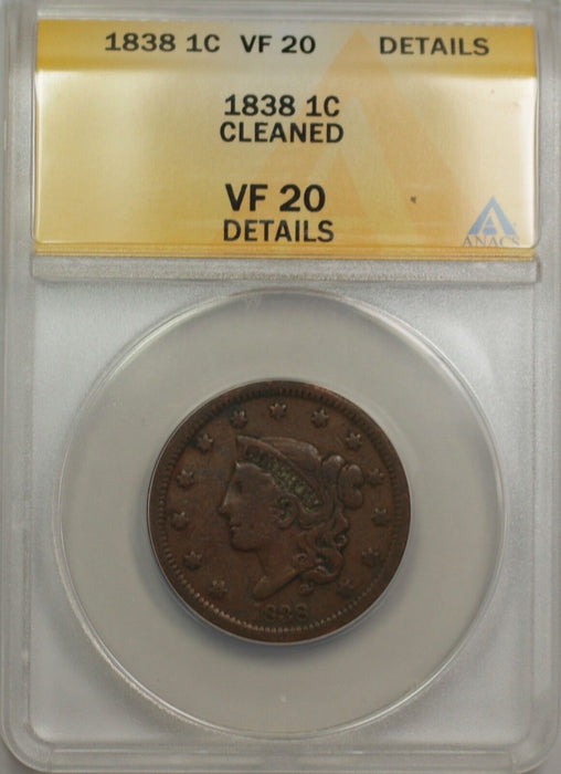 1838 Large Cent 1C Coin ANACS F-15 Details Cleaned (A)
