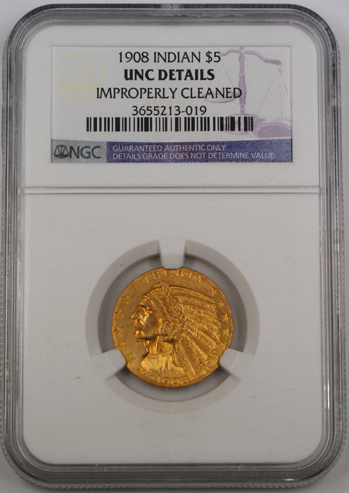 1908 Indian $5 Half Eagle Gold Coin, NGC UNC Det. (Improperly Cleaned) *Gem* DGH