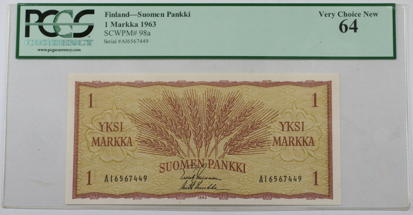 1963 Finland Suomen Pankki 1 Markka Note SCWPM# 98a PCGS 64 Very Choice New