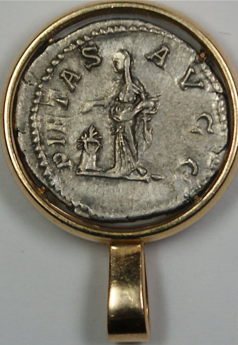 Julia Domna Ancient Silver Coin, in 14K Gold Bezel Covered by Glass