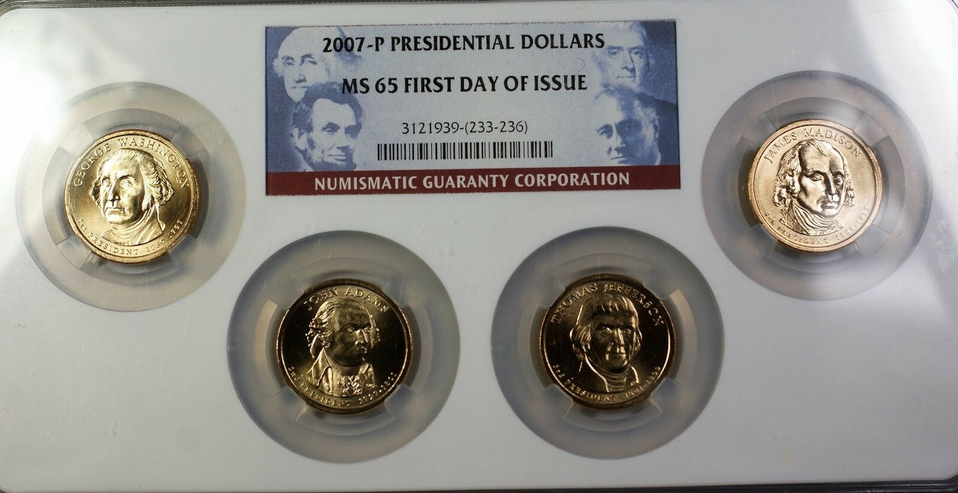 2007 P Presidential Dollars First Day Issue 4 BU Coins MS-65 NGC Holder