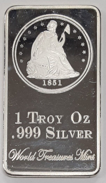 World Treasures Mint 1 Oz 'NOT' Silver Bar - 1851 Seated Liberty Dollar   SB9